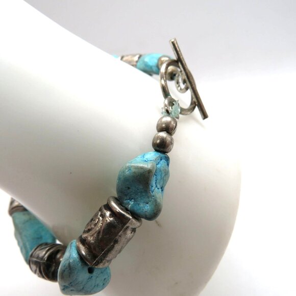 Stone Bracelet Blue‎ Howlite Silver Tone Chunky Beaded Toggle Clasp - Picture 5 of 9